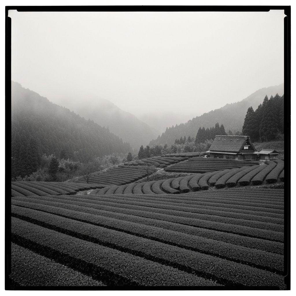 Traditional Japanese tea field in misty mountains